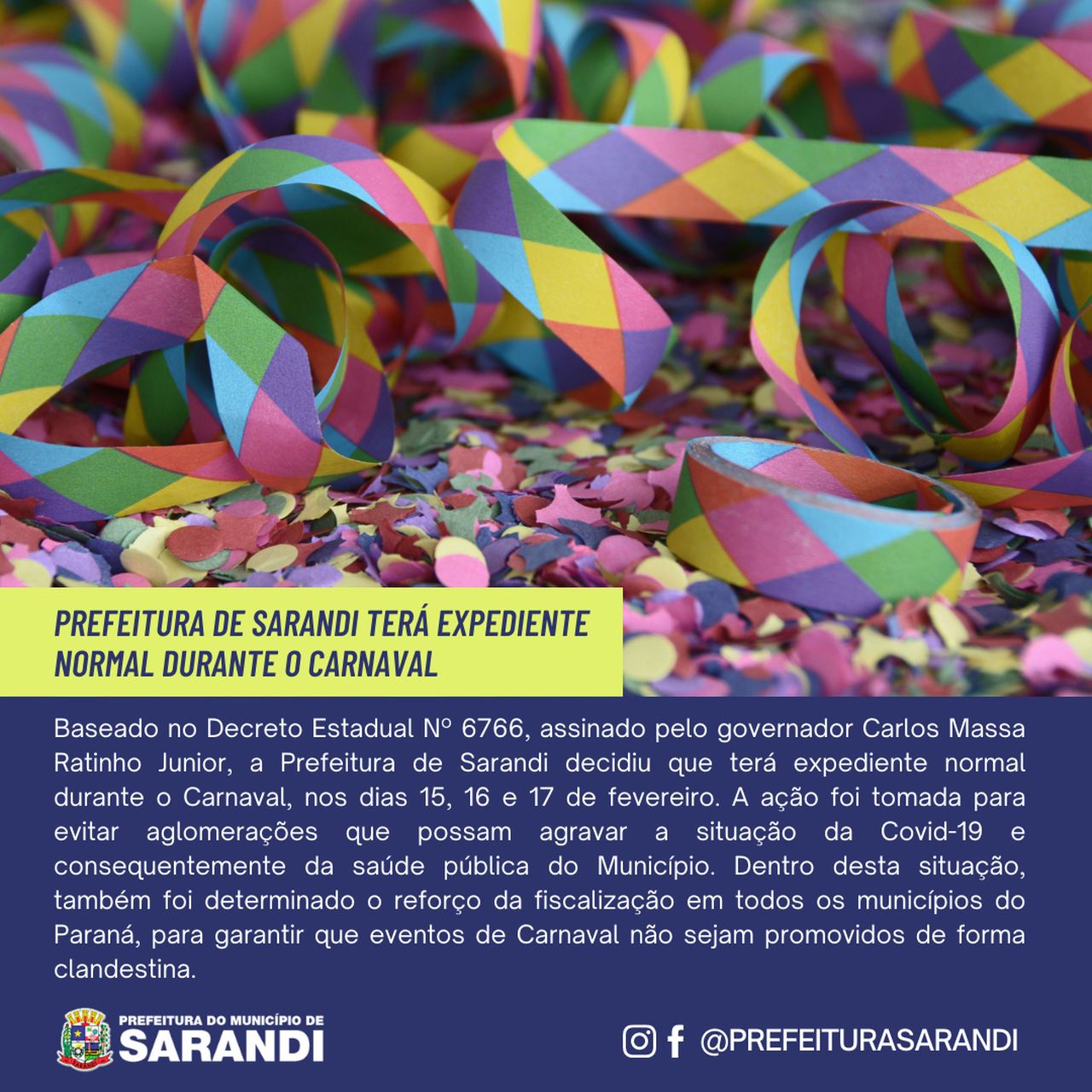 Prefeitura de Sarandi segue decreto estadual e terá expediente normal no Carnaval